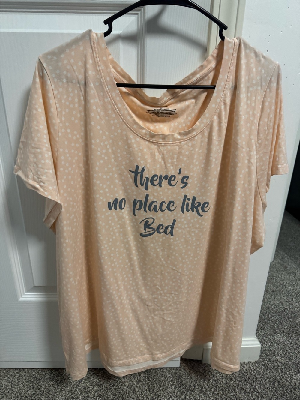 Women's Peach Polka Dot Short Sleeve Lounge Tee - 'There's No Place Like Bed'